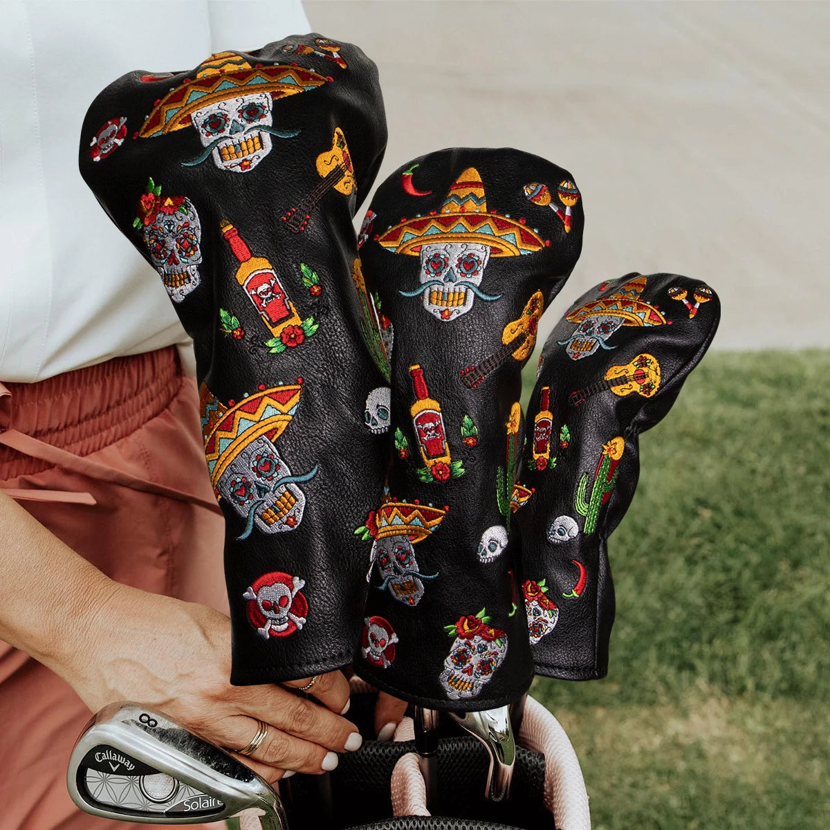 Premium Leather Embroidered Golf Headcovers Set – Driver, Fairway & Hybrid Protection Covers